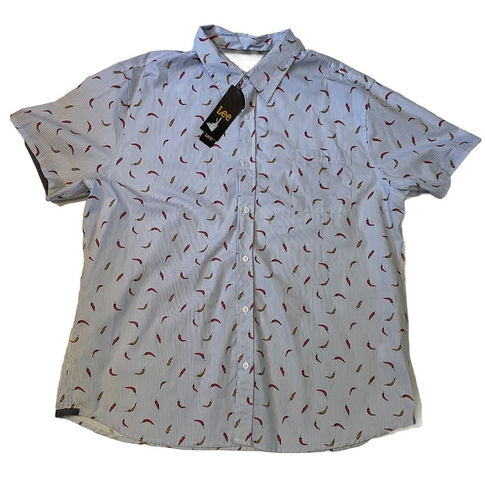 Lee Shirt Men's 2XL Chili Pepper Print Blue Stripes‎ Button Down Shirt New